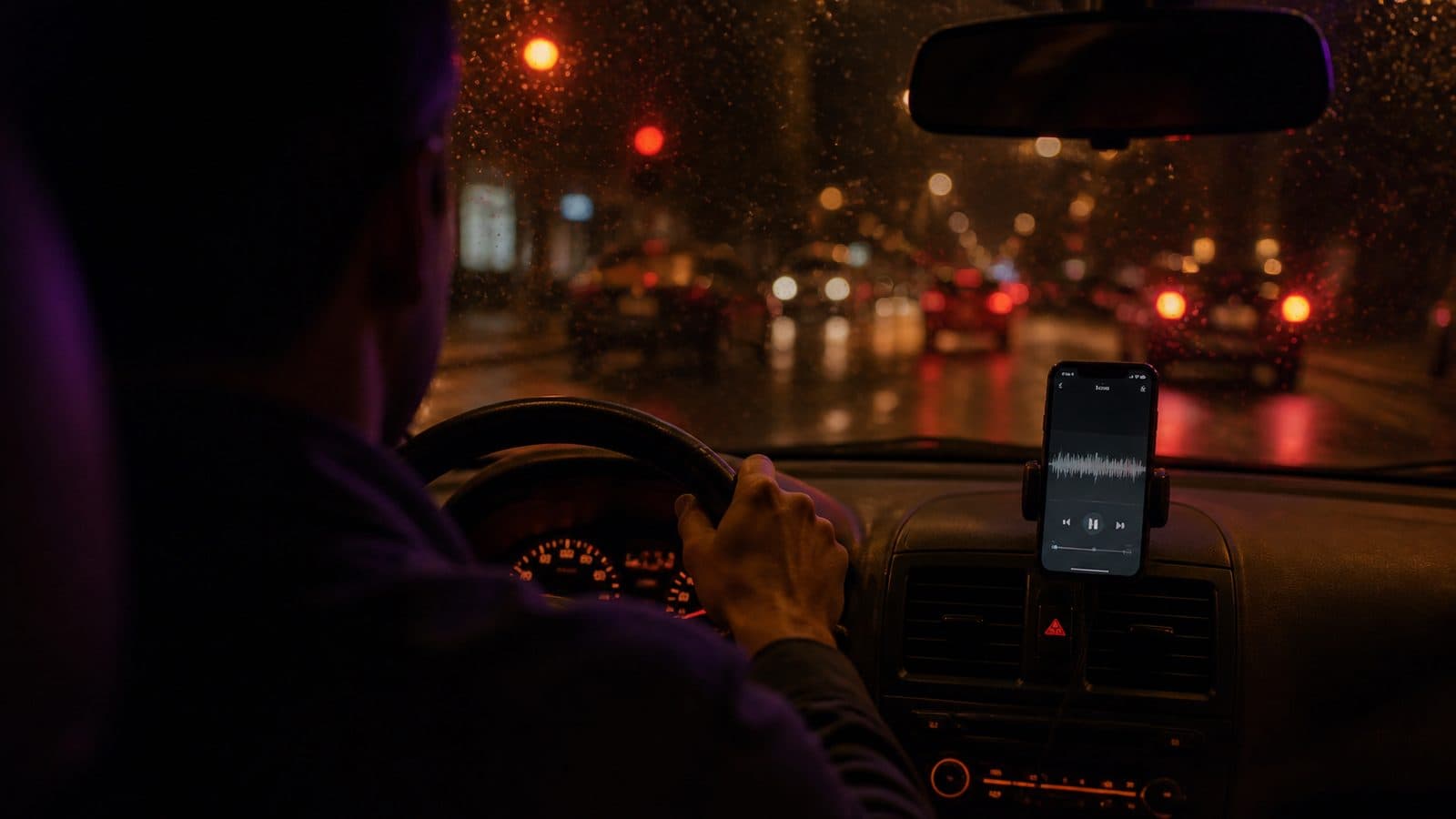 A rideshare driver at night with a phone mounted on the dash playing a song
