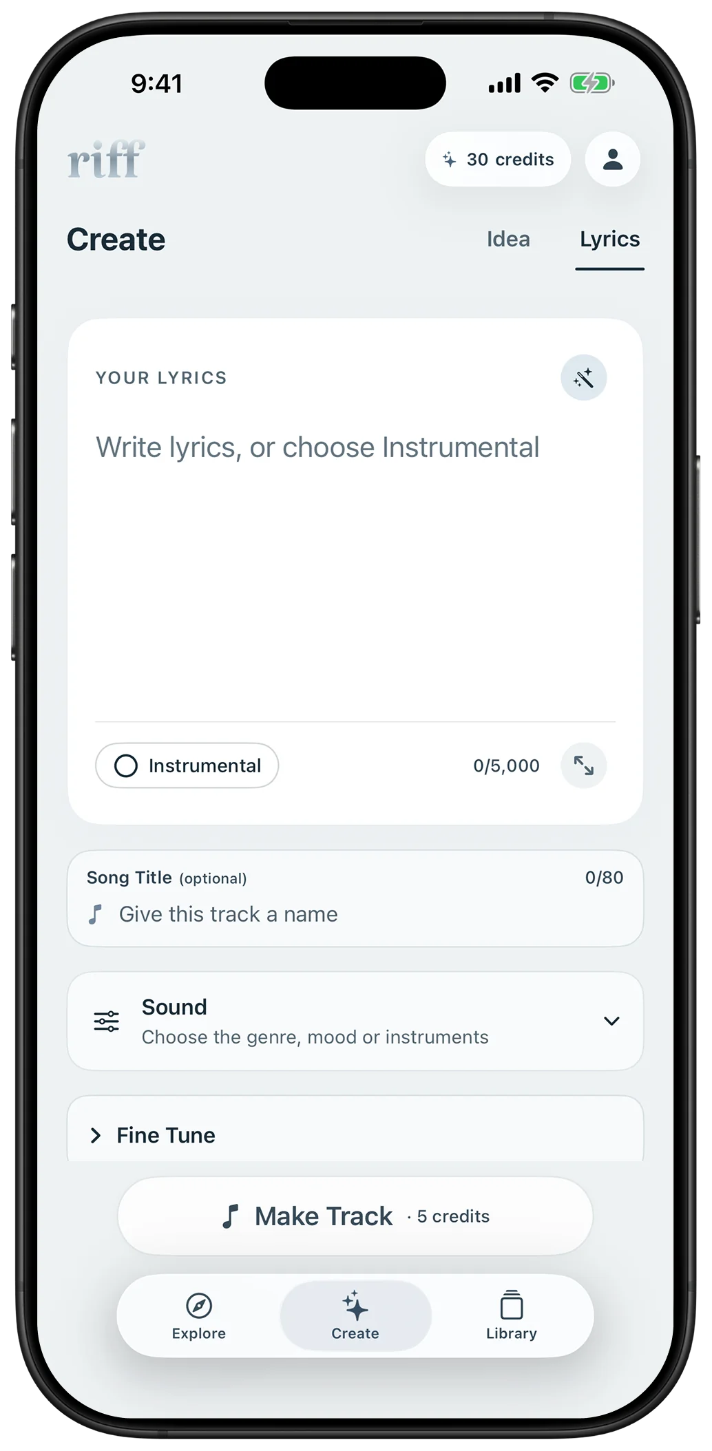 The Riff iPhone create screen